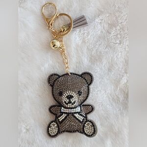 Teddy Bear Gray Rhinestone Keychain Bag Charm